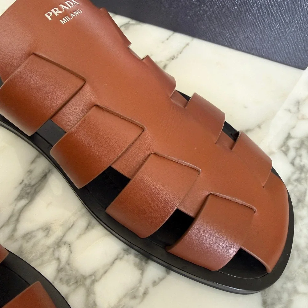 Prada 2X3145 Cognac Leather Fisherman's Mules Sandals Shoes, Sz. US 8.5 (UK 7.5)